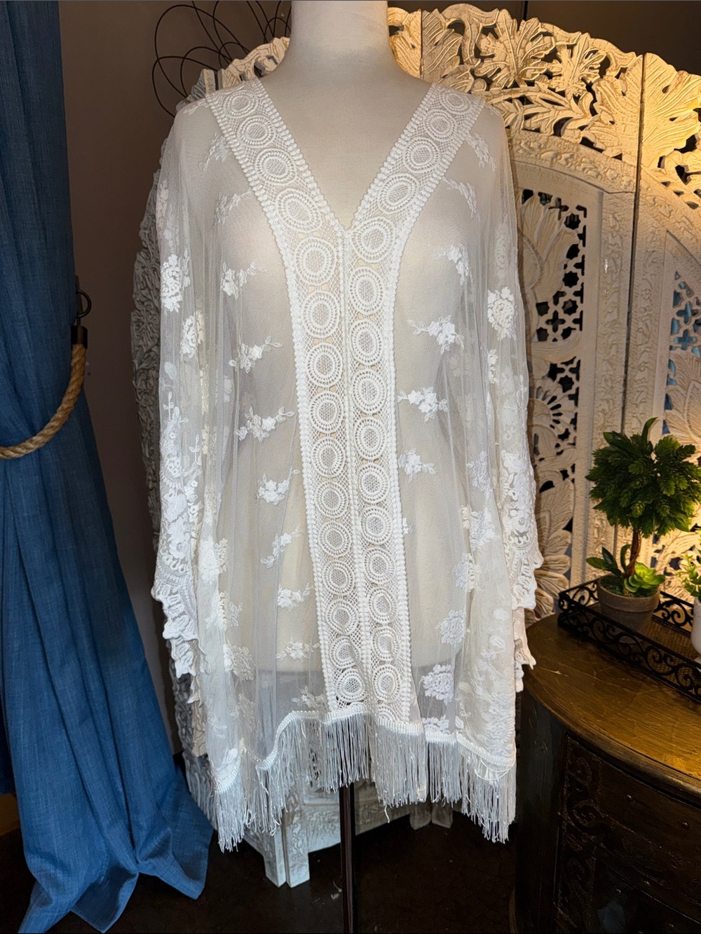 Sheer White Lace Fringe Swim Coverup Tunic